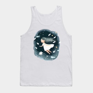 Ethereal White Dress Girl Soaring Amongst Stars and Flowers Tank Top